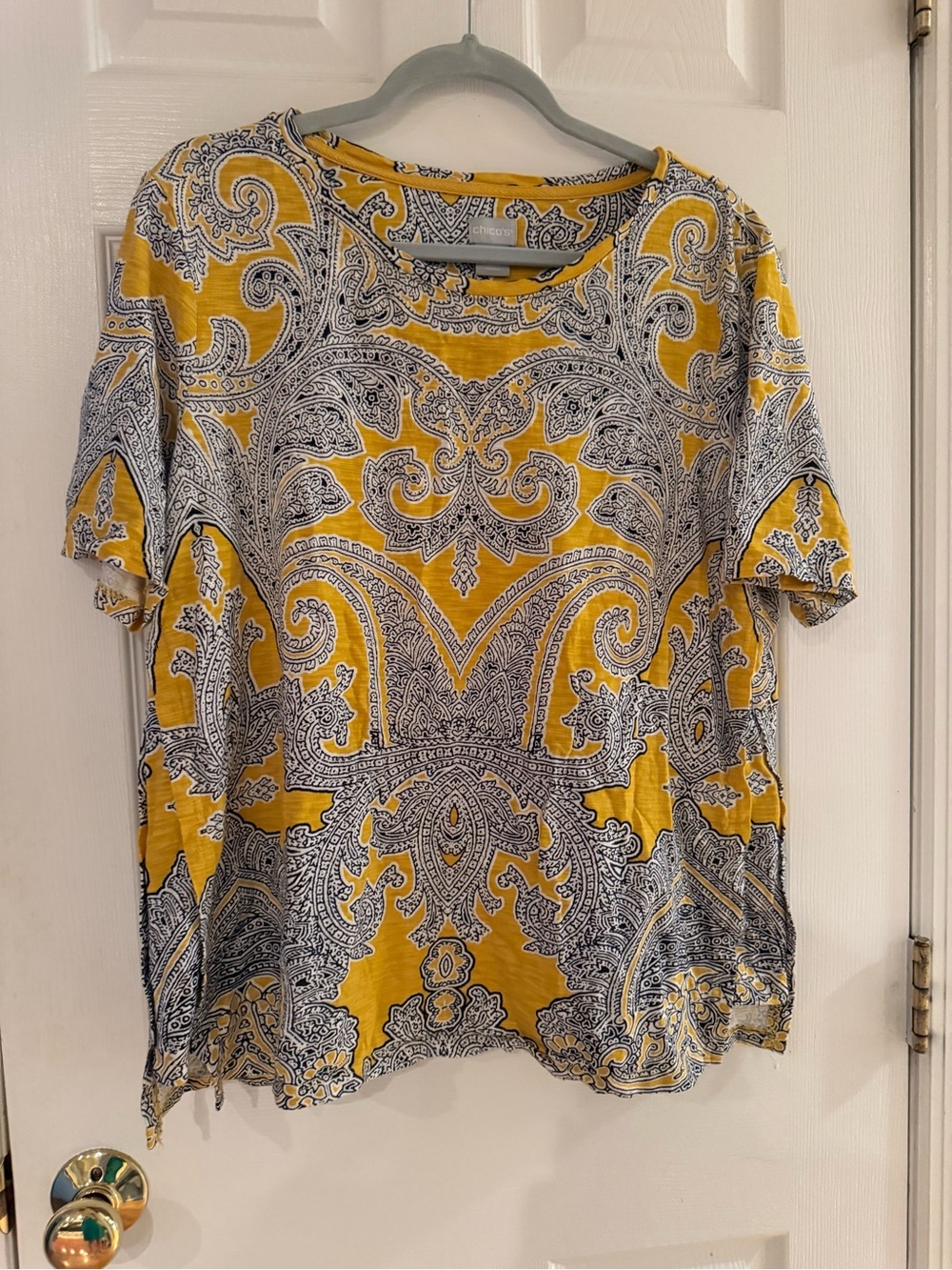 Chico's Yellow and Navy Paisley Short Sleeve Tee